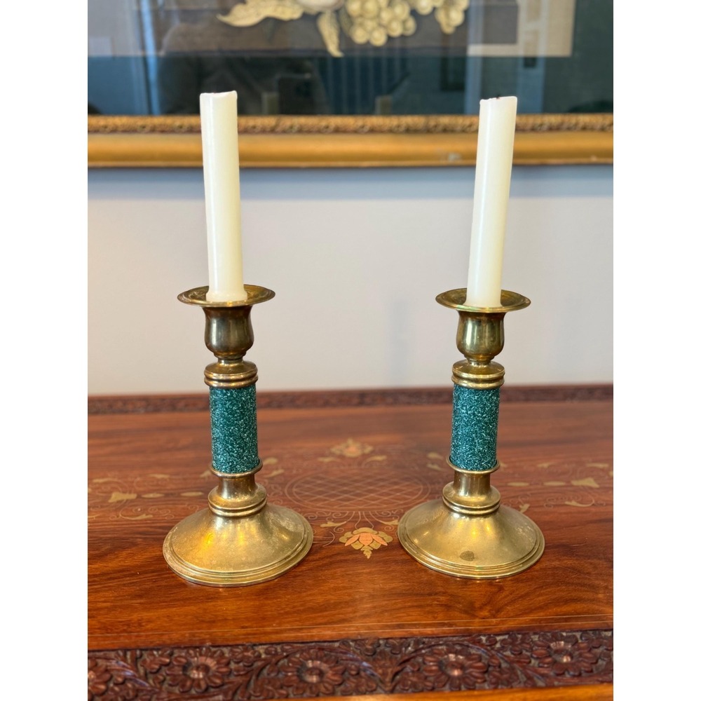 Vintage Brass & Green Candleholders – 7.5"‎ Pair